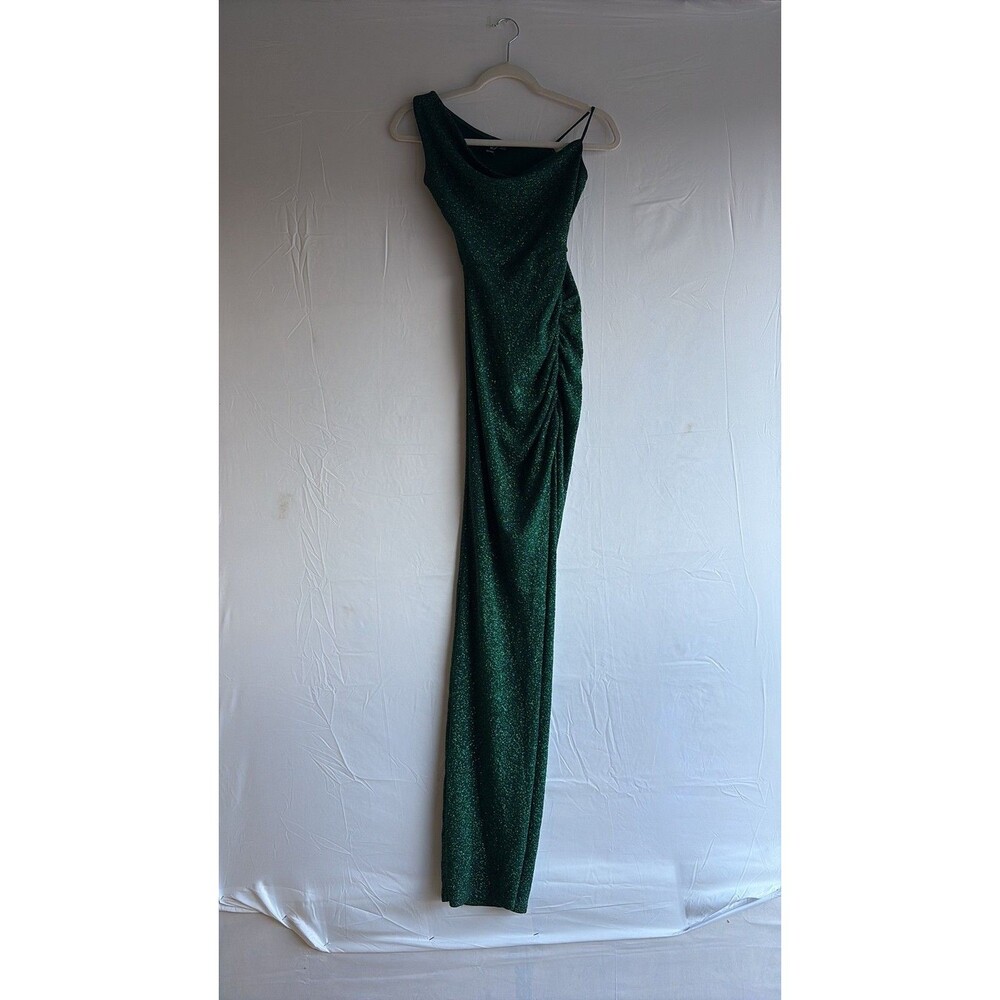Windsor Emerald Green Glitter One-Shoulder Ruched Maxi Gown